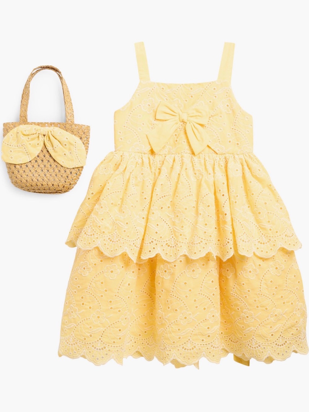 Blueberi Boulevard Yellow Eyelet Bow Tiered Dress with Matching Straw Bag